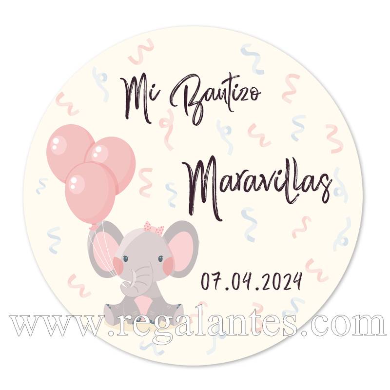 Pegatina personalizada bautizo "Modelo Elefante Niña" - Pegatinas Y Etiquetas Personalizadas Bautizo