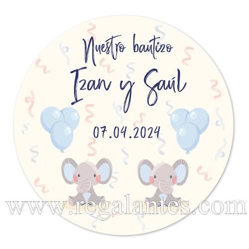 Pegatina personalizada bautizo "Modelo Gemelos Elefantes" - Pegatinas Y Etiquetas Personalizadas Bautizo