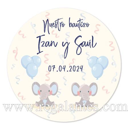 Pegatina personalizada bautizo "Modelo Gemelos Elefantes" - Pegatinas Y Etiquetas Personalizadas Bautizo