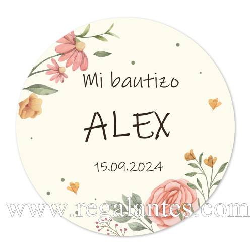Pegatina personalizada bautizo "Modelo Flores" - Pegatinas Y Etiquetas Personalizadas Bautizo