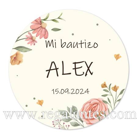 Pegatina personalizada bautizo "Modelo Flores" - Pegatinas Y Etiquetas Personalizadas Bautizo