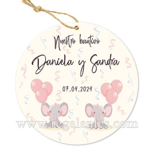 Etiqueta personalizada bautizo "Gemelas Elefantes" - Pegatinas Y Etiquetas Personalizadas Bautizo