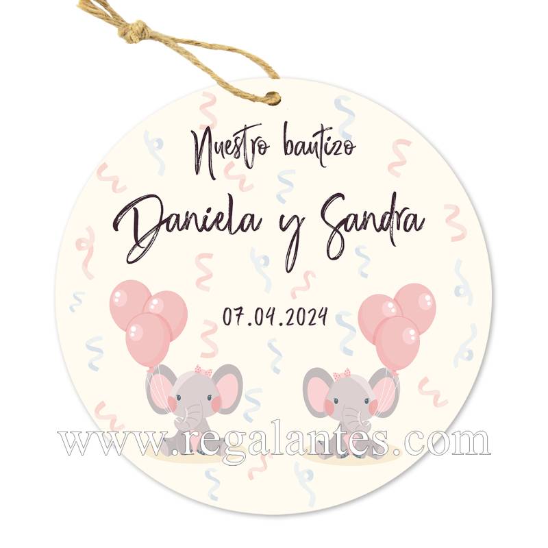 Etiqueta personalizada bautizo "Gemelas Elefantes" - Pegatinas Y Etiquetas Personalizadas Bautizo