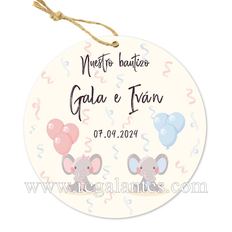 Etiqueta personalizada bautizo "Mellizos Elefantes" - Pegatinas Y Etiquetas Personalizadas Bautizo