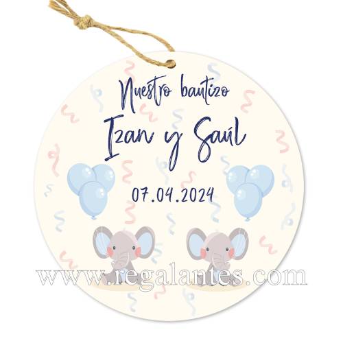 Etiqueta personalizada bautizo "Gemelos Elefantes" - Pegatinas Y Etiquetas Personalizadas Bautizo