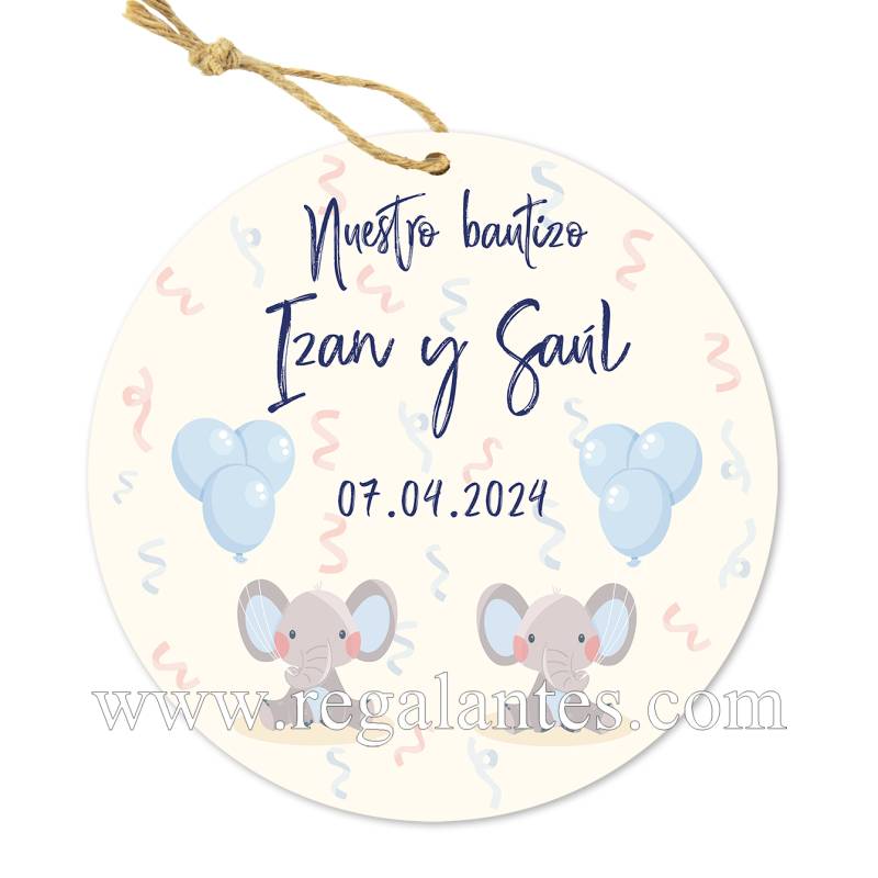 Etiqueta personalizada bautizo "Gemelos Elefantes" - Pegatinas Y Etiquetas Personalizadas Bautizo