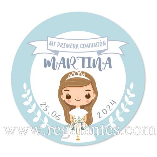 Pegatina personalizada comunión "Modelo Martina Azul" - Pegatinas Y Etiquetas Personalizadas Comunión