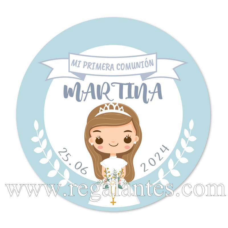 Pegatina personalizada comunión "Modelo Martina Azul" - Pegatinas Y Etiquetas Personalizadas Comunión