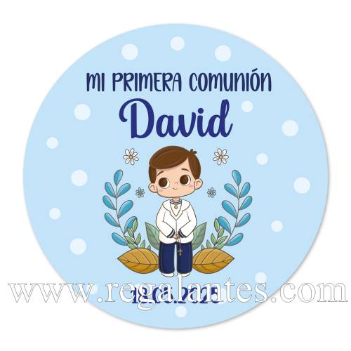 Pegatina personalizada comunión "Modelo Puntos Azules" - Pegatinas Y Etiquetas Personalizadas Comunión