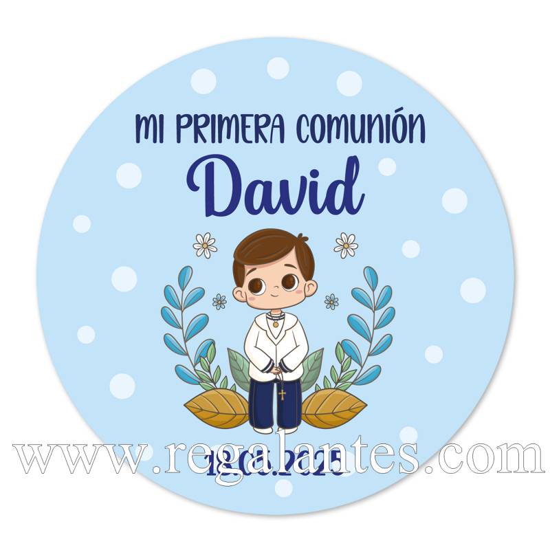 Pegatina personalizada comunión "Modelo Puntos Azules" - Pegatinas Y Etiquetas Personalizadas Comunión