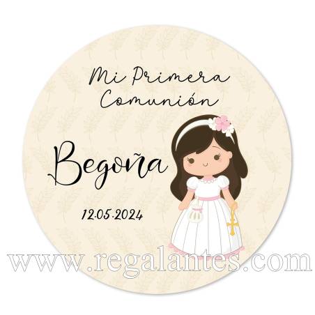 Pegatina personalizada comunión "Modelo Beige Niña" - Pegatinas Y Etiquetas Personalizadas Comunión