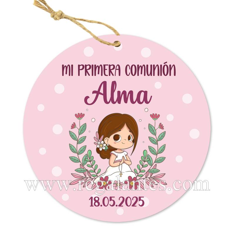 Etiqueta personalizada comunión "Modelo Puntos Rosas" - Pegatinas Y Etiquetas Personalizadas Comunión