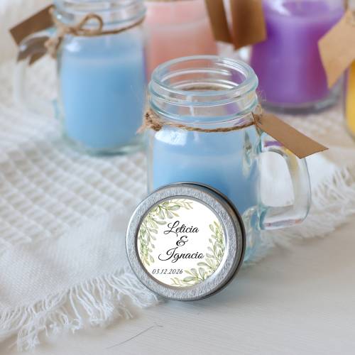 Vela personalizada en jarrita "Modelo boda Hojas" Detalles personalizados boda - Velas personalizadas boda