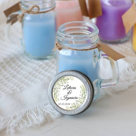 Vela personalizada en jarrita "Modelo boda Hojas" Detalles personalizados boda - Velas personalizadas boda