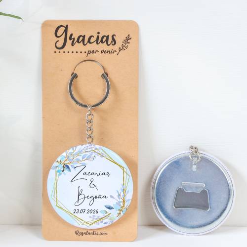 Llavero con abridor personalizado "Celeste" Detalles de boda - Llaveros Abrebotellas Personalizados Boda