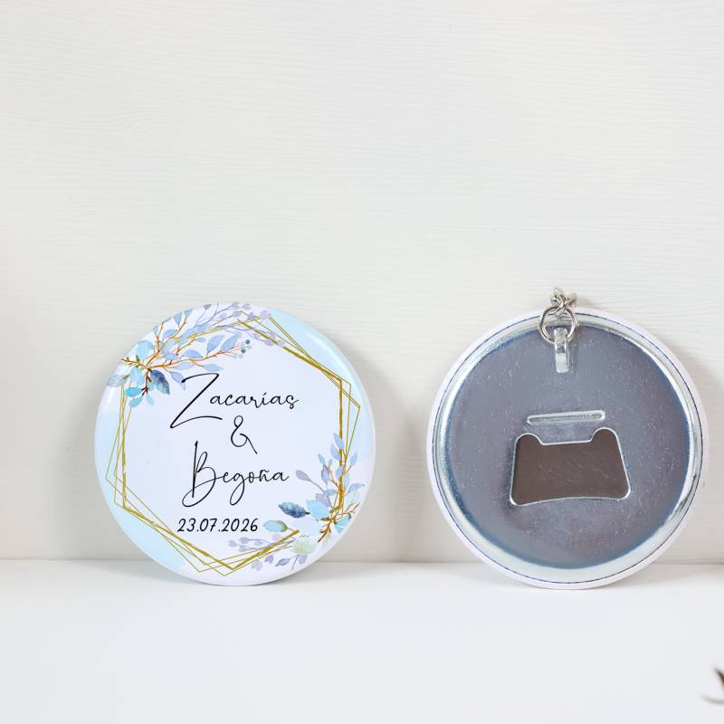 Llavero con abridor personalizado "Celeste" Detalles de boda - Llaveros Abrebotellas Personalizados Boda