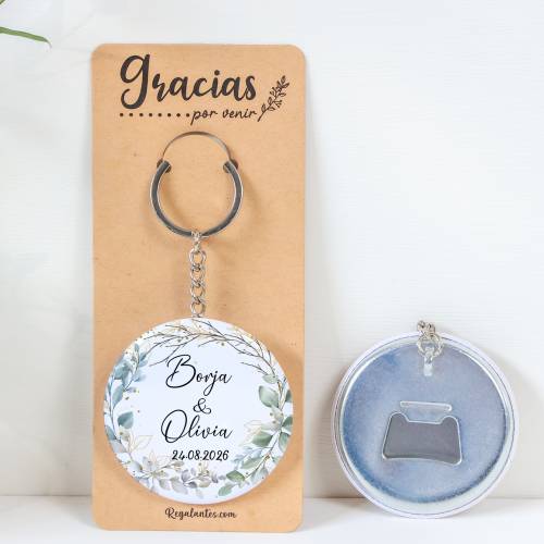 Llavero con abridor personalizado "Eucalipto" Detalles de boda - Llaveros Abrebotellas Personalizados Boda
