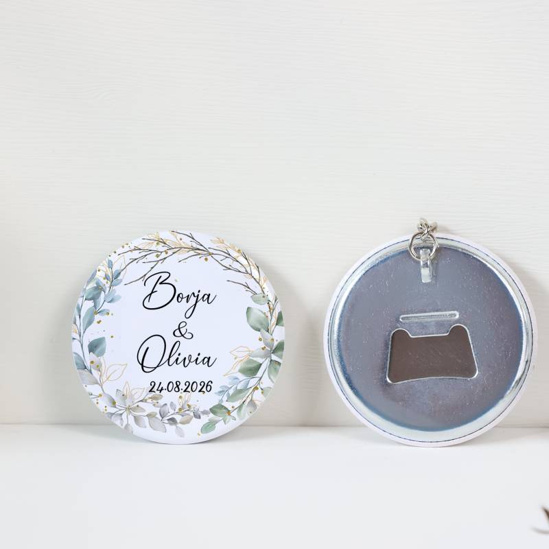 Llavero con abridor personalizado "Eucalipto" Detalles de boda - Llaveros Abrebotellas Personalizados Boda