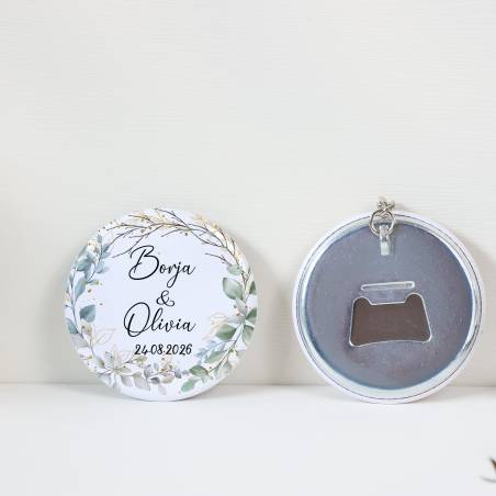 Llavero con abridor personalizado "Eucalipto" Detalles de boda - Llaveros Abrebotellas Personalizados Boda