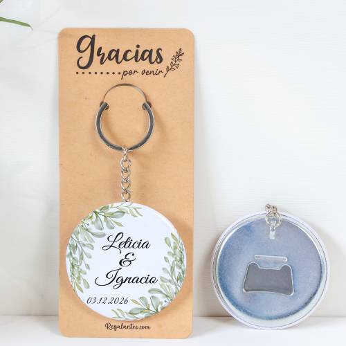 Llavero con abridor personalizado "Hojas" Detalles de boda - Llaveros Abrebotellas Personalizados Boda