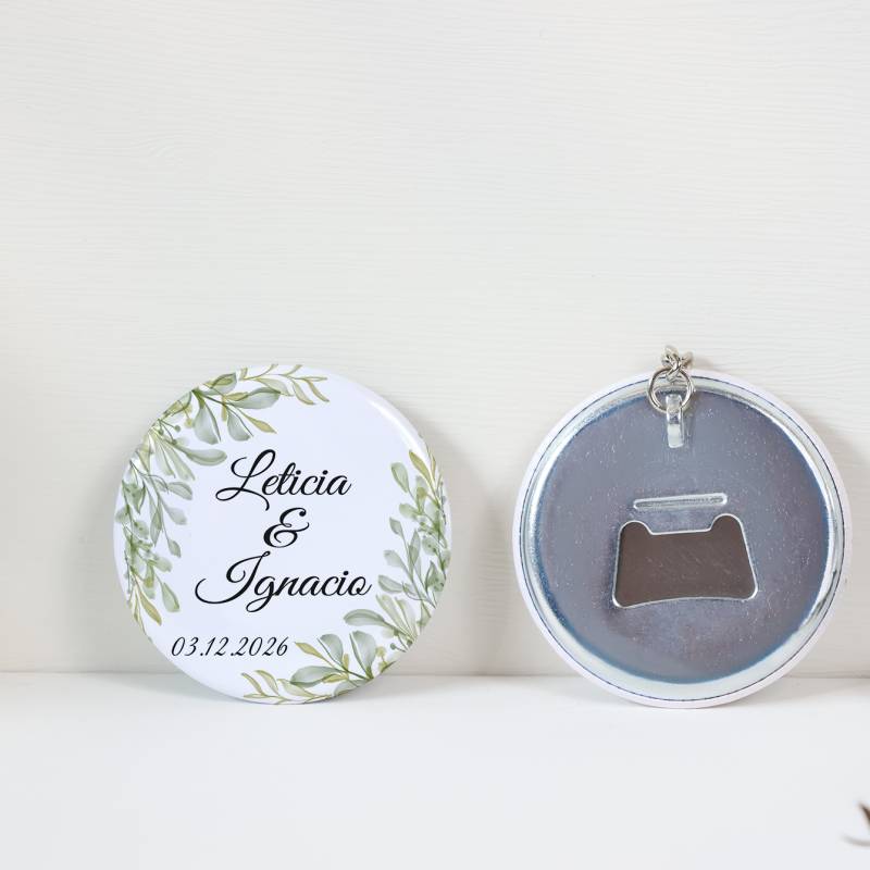 Llavero con abridor personalizado "Hojas" Detalles de boda - Llaveros Abrebotellas Personalizados Boda