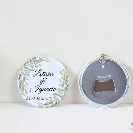 Llavero con abridor personalizado "Hojas" Detalles de boda - Llaveros Abrebotellas Personalizados Boda