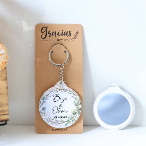 Llavero con espejo personalizado "Eucalipto" Detalles boda - Llaveros Espejos Personalizados Boda