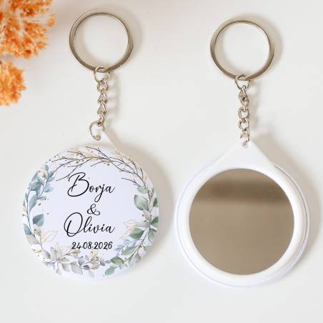 Llavero con espejo personalizado "Eucalipto" Detalles boda - Llaveros Espejos Personalizados Boda