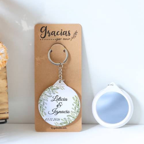 Llavero con espejo personalizado "Hojas" Detalles boda - Llaveros Espejos Personalizados Boda