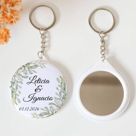 Llavero con espejo personalizado "Hojas" Detalles boda - Llaveros Espejos Personalizados Boda