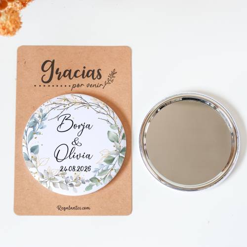 Espejo personalizado chapa "Eucalipto" Detalles boda - Chapas Espejos Personalizados Boda