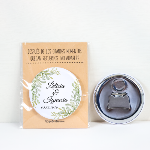 Abridor con imán personalizado "Hojas" detalles boda - Abridor Imán Personalizado Boda