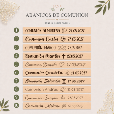 Abanico de Madera Personalizado para Comunión Grabado con Láser - Abanicos personalizados comunión