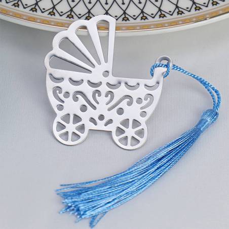 Marcapáginas con forma de carrito de bebé para bautizo - Detalles para bautizo