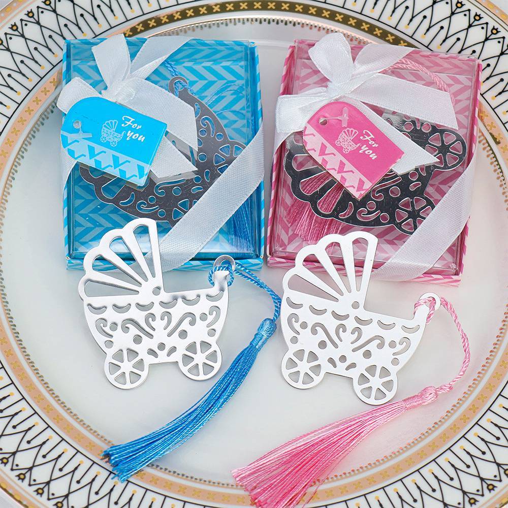 Marcapáginas con forma de carrito de bebé para bautizo - Detalles para bautizo
