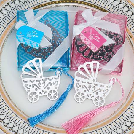 Marcapáginas con forma de carrito de bebé para bautizo - Detalles para bautizo